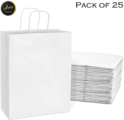 #ad White Plain Paper Shopping Kraft Retail Merchandise Bags With Handles Bulk $23.39