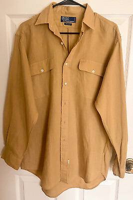#ad Vintage POLO by Ralph Lauren 100% Linen Tan Button Up Long Sleeve S Large $30.00