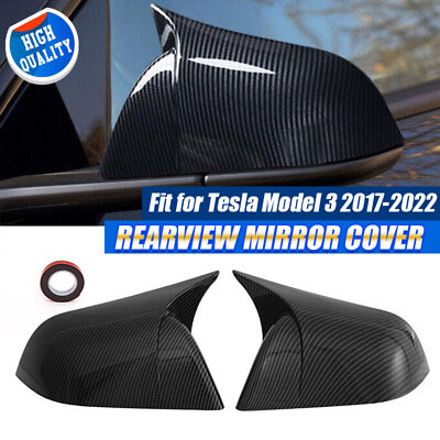 #ad 2X Carbon Fiber Mirror Cover Cap Add on Accessories For 2017 2023 Tesla Model 3 $35.99