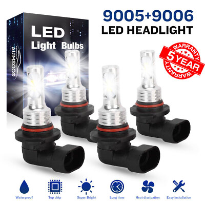 #ad 9005 9006 LED Headlights Combo Bulbs High Low Beam White Super Bright 10000K Kit $23.39