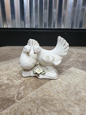 #ad Pair White Doves Figurine Metallic Goldtone Accent Ceramic Love Birds $9.99