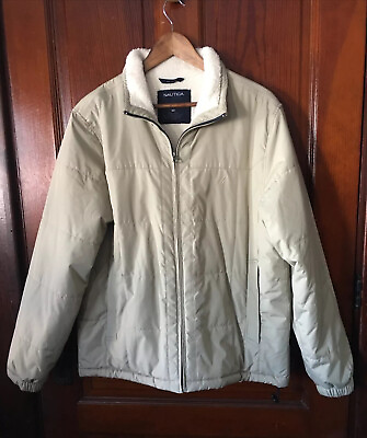 #ad Nautica Mens Winter Jacket Beige Sherpa Lined Size Medium Zipper Pockets Warm $39.95