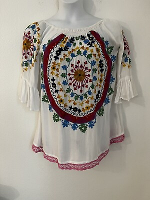 #ad Angel Heart Boutique Blouse Womens NWT L White Boho Embroidered Floral Tunic $41.00