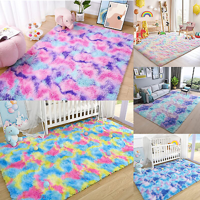 #ad Soft Fluffy Rainbow Shaggy Rugs for Kids Playroom Bedroom 5 colors Sizes $36.99