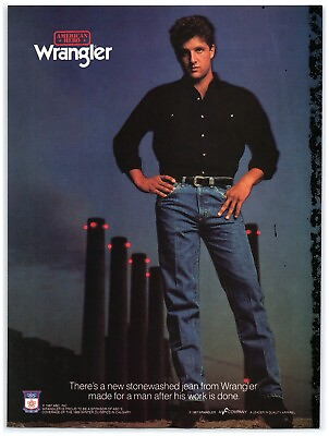 #ad 1987 Wrangler Print Ad American Hero Smokestacks Working Man Jeans After Work $11.50