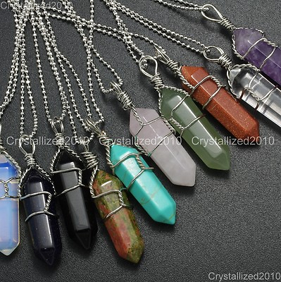 #ad Natural Gemstones Hexagonal Pointed Reiki Chakra Wire Wrap Silver Chain Necklace $4.73