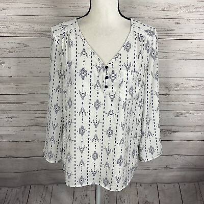 #ad Market amp; Spruce Womens Walfrid Blouse Sz Small White Printed Roll Tab Sleeve $19.99