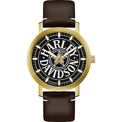 #ad Bulova Harley Davidson Fat Boy Logo Men#x27;s Quartz Gold Tone 40mm Watch 77A100 $55.99