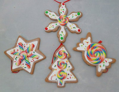 #ad Cookie Ornament Gingerbread Set 4 White Brown 4quot; Clay dough Christmas $10.80