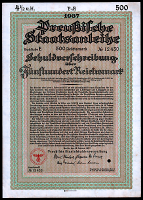 #ad 1937 Germany RM 500 Prussia State Treasury Bond Pre War Reichsadler Seal VF $17.99