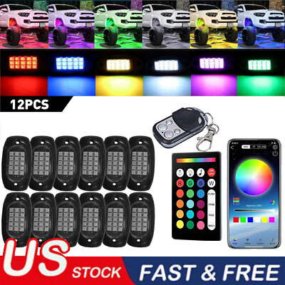 #ad 12PCS RGB LED Rock Lights Kit Underbody Neon Music Light Bluetooth APP Control $60.99