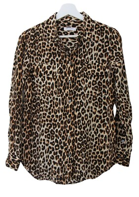 #ad Equipment Silk Blouse Womens XS Leopard Print Button Front Long Sleeve $29.95