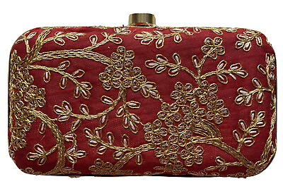 #ad Dark RED GOLDEN silk box CLUTCH PURSE Hard Case PARTY Evening Bag CRYSTAL USA $20.76