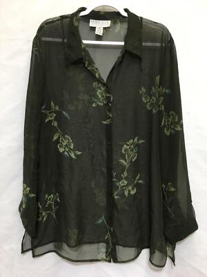 #ad *Maggie McNaughton green floral print sheer see through long sleeve top 2X $16.99