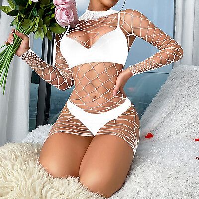 #ad US Sexy Womens Babydoll Fishnet Sheer See through Bodycon Mini Dress Clubwear $6.55