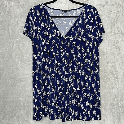 #ad Lane Bryant 22 24 2X Navy Blue Floral Cap Short Sleeve V Neck Stretch Casual $34.00