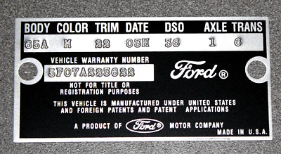 #ad 1965 Mustang Falcon Data Plate Stamped with your Paint Body Color information $34.95