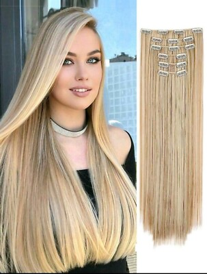 #ad Straight Long Clip In Quality Synthetic Hair Extensions Double Wefted Full Head $34.99