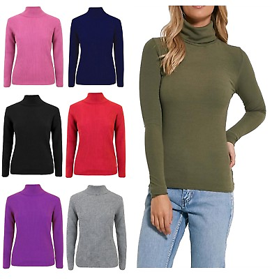 #ad Ladies Women Casual Turtle High Polo Neck Long Sleeve Ribbed Cotton Jumper Top GBP 10.99