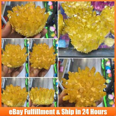 #ad Natural Aura Yellow Titanium Quartz Crystal Cluster Rough Rock Gemstone Healing $9.02