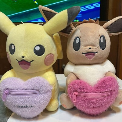 #ad Pokemon Plush Doll Fluffy Heart Shaped Pouch Pikachu amp; Eevee Set of 2 2022 Japan $63.98