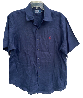 #ad Polo Ralph Lauren 100% Linen Button Front Shirt Men#x27;s Large Solid Navy Blue $24.30