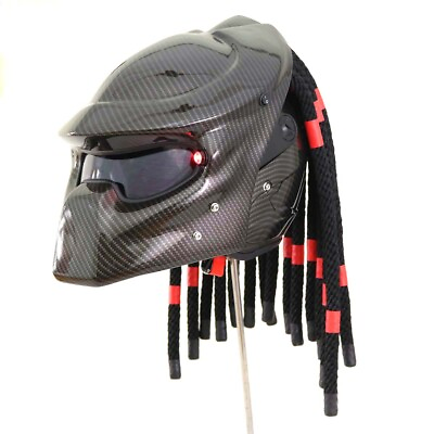 Black Rope Hair Predator Motorcycle Custom Helmet Carbon DOT amp; LED Light $448.48