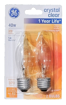 #ad GE 40 Watt Crystal Clear Flame Tip CA Type Light Bulbs w Medium Base 2 Pack $8.99
