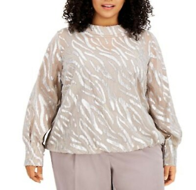 #ad Alfani Womens Plus 2X Metallic Zebra Print Mock Neck Long Sleeve Line Blouse NWT $21.49