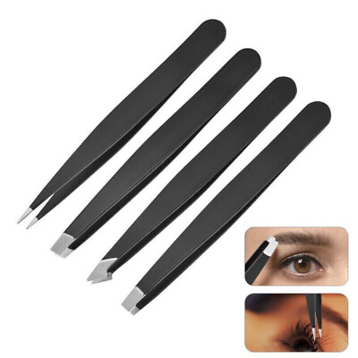 #ad 4pcs Stainless Steel Slant Tip Tweezer Precision Eyebrow Hair Remover Tools $5.49
