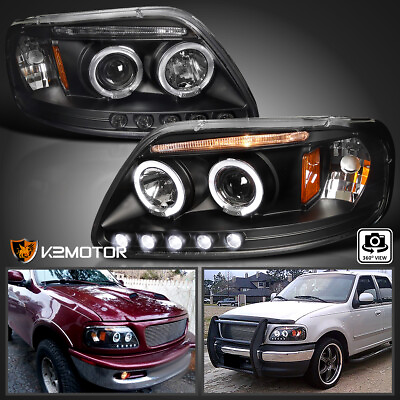 #ad Black Fits 1997 2003 Ford F150 LED Strip Halo Projector Headlights LeftRight $119.38