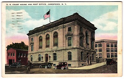 #ad US Court House and Post Office Jamestown NY New York Classic Cars c1920 Postcard $4.99