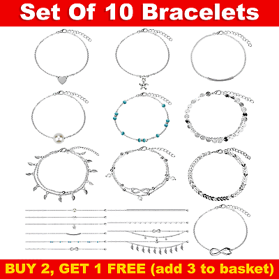 #ad Set Of Brand New 10 Pieces Silver Plated Ankle Bracelets For Girls Womens Gift GBP 6.97