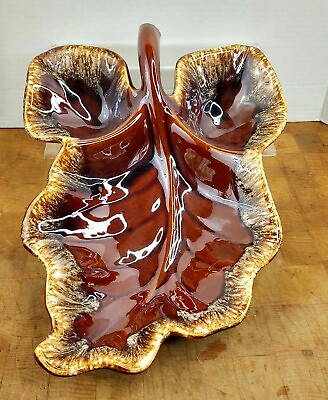 #ad Hull Oven Proof Condiment Vegetable Chip Lg Brown Maple 3 Divided Leaf Dish $32.35