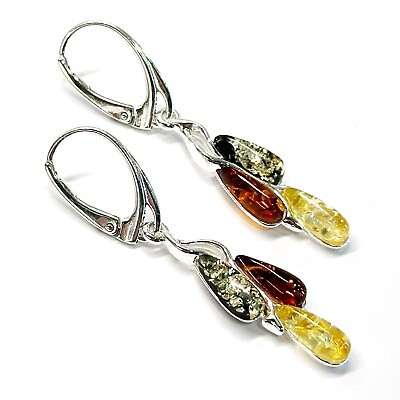 #ad 925 Solid Sterling Silver Multicolor Baltic Amber Drop Style Leverback Earrings $27.99