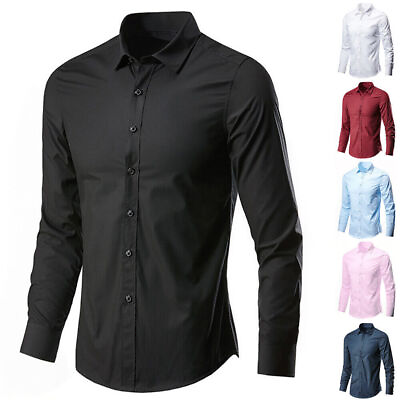 #ad Casual Mens Plain Smart Shirts Long Sleeve Business Formal Button Shirt Tops $13.29