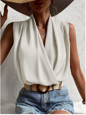#ad White Wrap Front Sleeveless Blouse Top Shirt Sz XS S M L $29.99