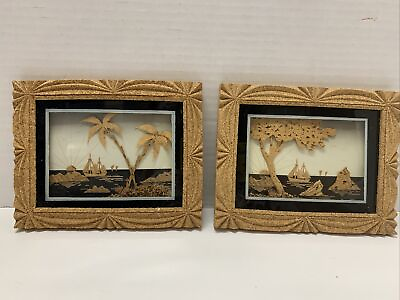 #ad Carved Cork Seascape Ship 3D Shadow Box Diorama Wall Hangings Vintage Pair 6x7” $27.85