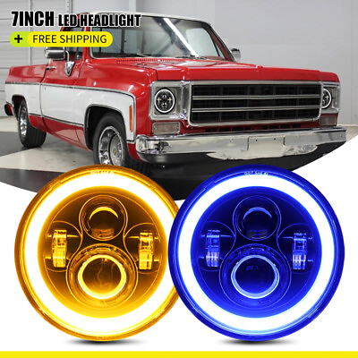 #ad Pair 7quot; Inch Round LED Headlights Blue Halo for Chevy C10 Camaro Pickup Truck $41.99