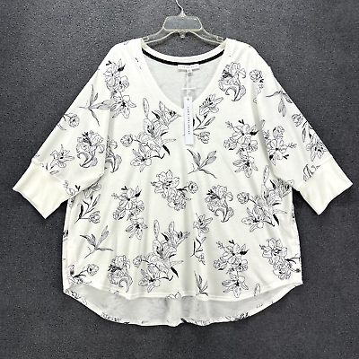 #ad Jane and Delancey Top womens Plus 2X White Floral Shirt Tunic V neck $31.44