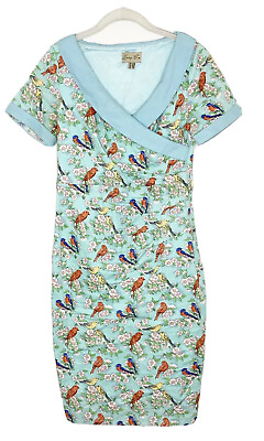 #ad Lindy Bop Georgina Blue Blossoms Bird Pin Up Printed Stealth Dress Size 6 G2 $24.99