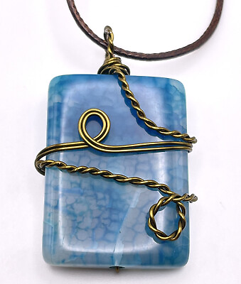 #ad Bronze Twisted Wire Wrapped Blue Dyed Rectangle Agate Stone Pendant Necklace $12.99