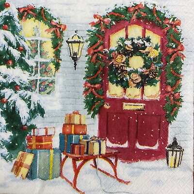 #ad Decoupage Paper Napkins Christmas Napkin Red Door Two Single Luncheon Napkins $1.89