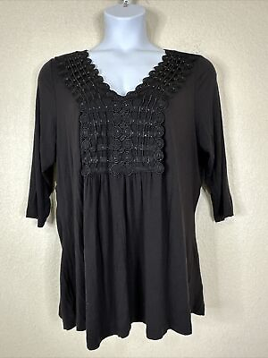 #ad Live And Let Live Womens Plus Size 2X Black Crochet Trim V neck Top 3 4 Sleeve $13.86