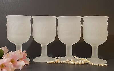 #ad Set of 4 White Frosted Raised Floral Design Goblets 1970s $34.99
