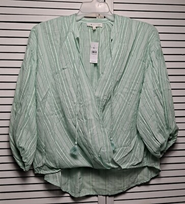 #ad Lou amp; Grey for LOFT Green amp; White Wrap Style Crossover Boho Top Tassels Size L $25.99
