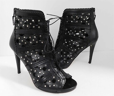 #ad Stuart Weitzman Black Leather Silver Studded Lace Up Open Toe Booties 9.5 M $94.99