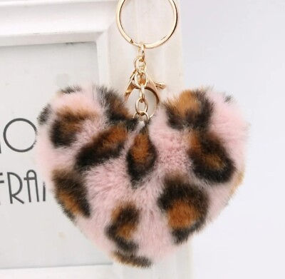 #ad Leopard Print Fluffy Heart Pom Keychain Purse Charm Birthday Gift Pink $11.00