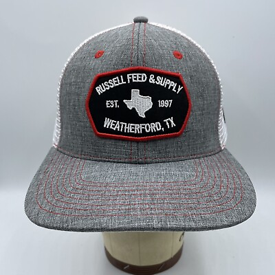 #ad Russell Feed Supply Hat Gray White Snapback Trucker Cap Weatherford TX Patch $39.99