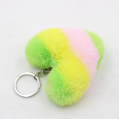 #ad Rainbow Fluffy Heart Fur Pom Pom Keychain Faux Furlike Ball Car Keyring $9.75